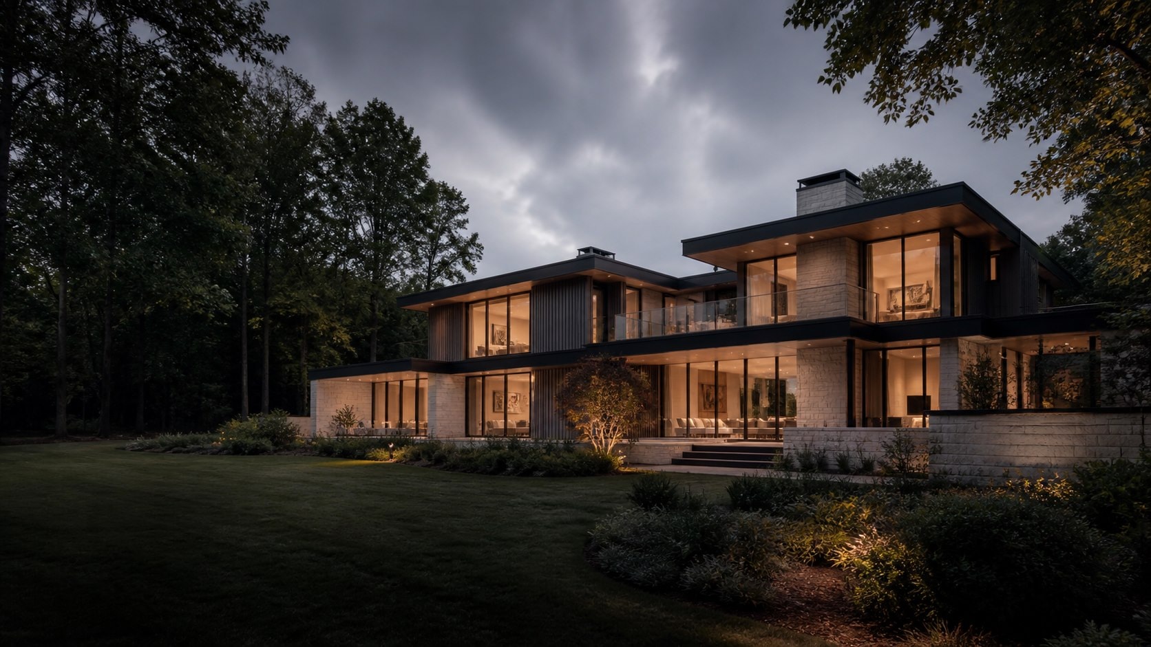 Contemporary luxury residence illuminated at dusk.