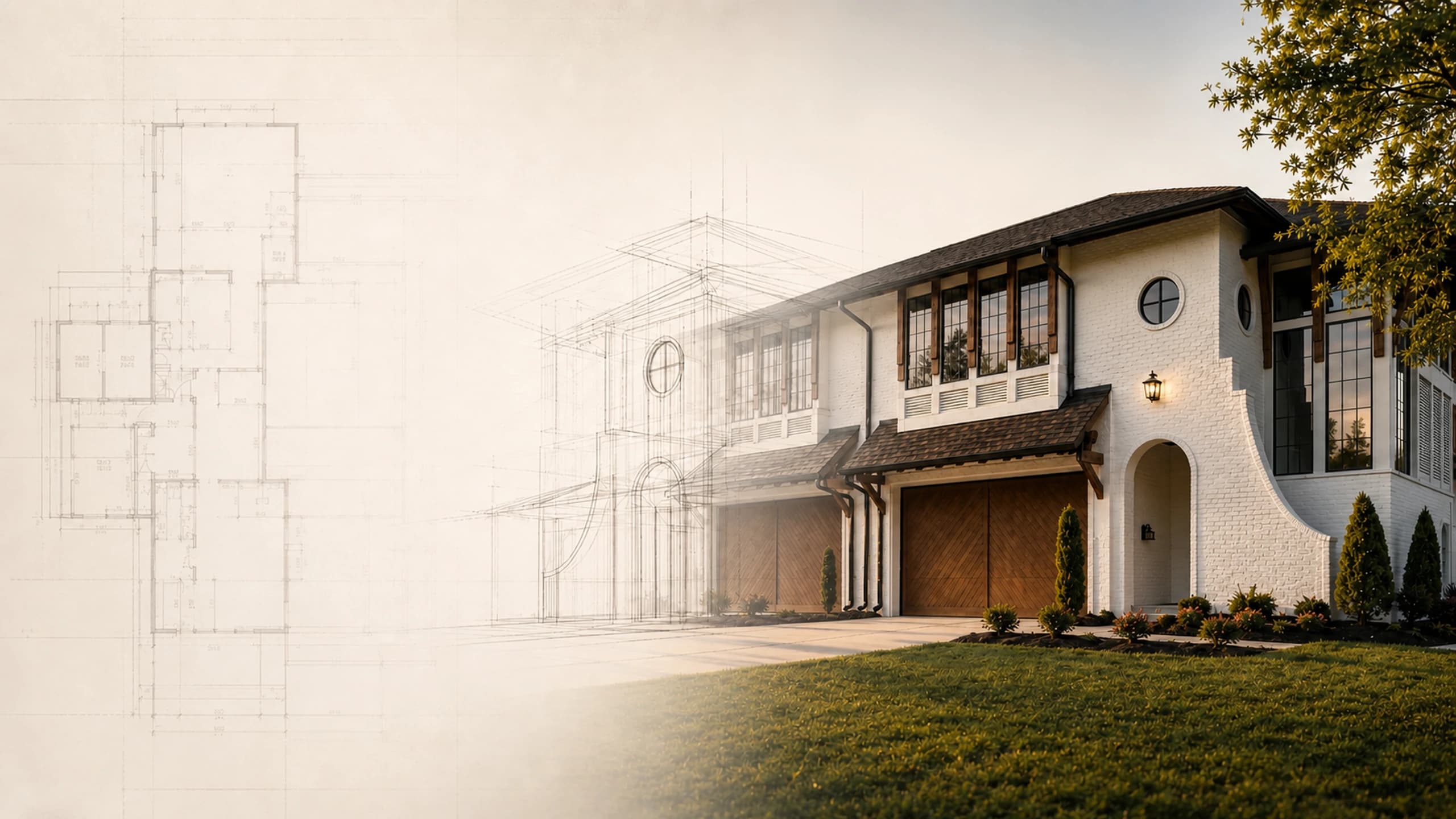 Architectural plans and linework transitioning into a completed white DELLA residence in warm evening light.